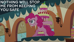 Size: 1920x1080 | Tagged: safe, edit, edited screencap, editor:quoterific, screencap, pinkie pie, earth pony, pony, g4, mmmystery on the friendship express, bipedal, cake, donutopia, female, food, friendship express, gritted teeth, mare, marzipan mascarpone meringue madness, protecting, solo, stance, standing, teeth, train