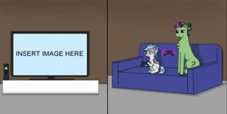 Size: 1645x828 | Tagged: safe, artist:nismorose, oc, oc only, oc:anon, oc:nocturnal pike, bat pony, pony, unicorn, fanfic:the long and short of it, 2 panel comic, bat wings, big pony, chest fluff, comic, controller, couch, duo, ear fluff, ear tufts, excited, fanfic, fanfic art, fangs, female, glowing, glowing horn, hand, happy, horn, indoors, insert picture here, magic, magic hands, male, mare, sitting, slit pupils, small pony, split screen, stallion, telekinesis, television, two sides, wings, xbox, xbox 360, xbox 360 controller