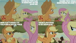 Size: 2000x1125 | Tagged: safe, edit, edited screencap, editor:quoterific, screencap, applejack, fluttershy, earth pony, pony, g4, sounds of silence