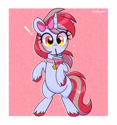Size: 3100x3300 | Tagged: safe, artist:darkynez, oc, oc only, oc:cinnamon lightning, pony, unicorn, bell, bell collar, belly, bipedal, blushing, bow, collar, drink, drinking straw, exclamation point, eyelashes, female, female oc, hair bow, heart, high res, horn, looking at you, mare, mare oc, pony oc, solo, surprised, unicorn oc, unshorn fetlocks, wide eyes