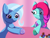 Size: 2048x1536 | Tagged: safe, artist:php176, derpibooru exclusive, jazz hooves, trixie, earth pony, pony, unicorn, g4, g5, colored hooves, cute, duo, duo female, female, generation leap, gradient background, happy, hoof polish, jazz hooves has ears!, lineless, looking at someone, raised hoof, shading, sitting, smiling, table, unshorn fetlocks