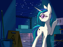 Size: 700x525 | Tagged: safe, artist:hauntedtuba, dj pon-3, vinyl scratch, pony, unicorn, g4, animated, blinking, breathing, bucket, club, eyelashes, female, gif, lidded eyes, light switch, looking back, loop, mare, mop, sigh, sign, signature, solo, stage, standing, suitcase