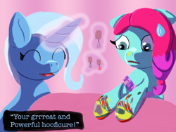 Size: 2048x1536 | Tagged: safe, artist:php176, derpibooru exclusive, jazz hooves, trixie, earth pony, pony, unicorn, g5, colored hooves, cute, dialogue, diatrixes, duo, duo female, ears back, eyes closed, female, floppy ears, generation leap, glowing, glowing horn, gradient background, happy, hoof polish, horn, jazz hooves has ears!, levitation, lineless, looking at someone, magic, magic aura, messy, open mouth, proud, raised hoof, shading, shocked, sitting, smiling, sweat, sweatdrop, table, telekinesis, text, there was an attempt, unshorn fetlocks