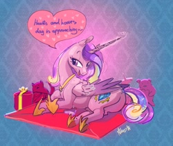 Size: 4096x3449 | Tagged: safe, artist:alumx, princess cadance, alicorn, earth pony, pony, g4, butt, dialogue, envelope, female, glowing, glowing horn, hearts and hooves day, high res, holiday, hoof shoes, horn, long horn, lovebutt, lying down, magic, magic aura, mare, peytral, plot, plushie, present, princess of love, princess shoes, prone, signature, solo, speech bubble, talking to viewer, valentine, valentine's day