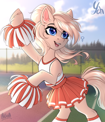Size: 2600x3022 | Tagged: safe, artist:hakaina, oc, oc only, unnamed oc, earth pony, pony, bipedal, blue eyes, blurry background, cheerleader, cheerleader outfit, clothes, cloud, colored, commission, cute, ear fluff, eyelashes, female, fence, forest background, high res, hoof fluff, leg fluff, mare, ocbetes, open mouth, open smile, pom pom, rearing, running track, shading, shiny eyes, signature, skirt, sky, slender, smiling, socks, solo, tank top, teeth, thin, turned head, unshorn fetlocks, windswept mane, ych sketch, your character here