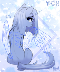 Size: 2500x3000 | Tagged: safe, artist:hakaina, oc, oc only, unnamed oc, alicorn, earth pony, pony, abstract background, beautiful, blue, blue eyes, colored, commission, ethereal horn, ethereal wings, eyelashes, female, female symbol, frown, hair physics, high res, looking at you, looking back, looking back at you, male symbol, mane physics, mare, monochrome, partially open wings, rear view, shading, signature, sitting, sketch, slender, solo, spine, straight mane, thin, turned head, wing gesture, wings, ych sketch, your character here