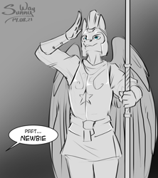 Size: 1066x1200 | Tagged: safe, artist:sunny way, oc, oc only, pegasus, anthro, armor, gradient background, grayscale, guard, male, monochrome, newbie, offscreen character, partial color, patreon, patreon reward, royal guard, salute, sexy, solo, stupid sexy royal guard