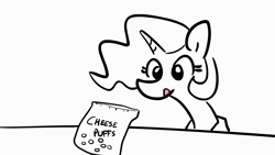 Size: 1920x1080 | Tagged: safe, artist:tjpones, princess celestia, twilight sparkle, alicorn, pony, unicorn, g4, animated, black and white, butt, cheese puffs, drinking, duo, eating, family guy death pose, female, filly, filly twilight sparkle, foal, food, grayscale, licking, licking lips, mare, monochrome, mouth hold, partial color, plot, running, simple background, soda, sound, stealing, tongue out, twiggie, unicorn twilight, webm, white background, younger