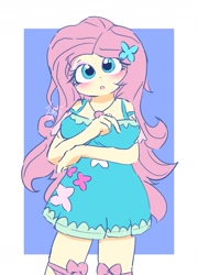 Size: 1169x1626 | Tagged: safe, artist:leo19969525, fluttershy, human, equestria girls, g4, blue eyes, blushing, breasts, busty fluttershy, clothes, cute, dress, female, hair, looking at you, open mouth, pink hair, shyabetes, simple background, solo