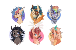 Size: 1800x1200 | Tagged: safe, artist:xxoopsiedaisiexx, oc, oc only, oc:aerodynamic, oc:bluegrass wheatfield, oc:canary, oc:chipotle dip, oc:dahlia, oc:halley comet, deer, deer pony, earth pony, hybrid, original species, pegasus, pony, bust, candy, chocolate, choker, eyebrow piercing, female, food, hair tie, interspecies offspring, magical lesbian spawn, male, mare, neckerchief, next generation, offspring, open mouth, parent:applejack, parent:big macintosh, parent:blackthorn, parent:cheese sandwich, parent:coloratura, parent:derpy hooves, parent:flash sentry, parent:fluttershy, parent:pinkie pie, parent:rainbow dash, parent:rarity, parent:twilight sparkle, parents:cheesepie, parents:derpydash, parents:flashlight, parents:fluttermac, parents:rarajack, parents:rarithorn, piercing, simple background, stallion, tongue out, transparent background, watermark