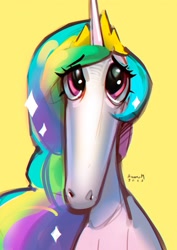 Size: 2397x3378 | Tagged: safe, artist:annna markarova, princess celestia, alicorn, pony, bust, didn't i do it for you, female, long nose, looking at you, mare, simple background, solo, why the long face, yellow background