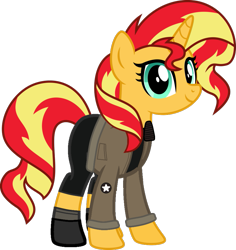 Size: 869x920 | Tagged: safe, artist:edy_january, edit, vector edit, sunset shimmer, pony, unicorn, g4, boots, chicago, clothes, girls und panzer, jacket, marine, marines, military, military uniform, model, pants, ponified, saunders, shirt, shoes, short pants, simple background, soldier, soldier pony, solo, stockings, t-shirt, thigh highs, transparent background, uniform, united states, vector