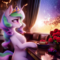 Size: 1536x1536 | Tagged: safe, ai assisted, ai content, artist:nightluna, editor:nightluna, generator:purplesmart.ai, generator:stable diffusion, princess celestia, alicorn, pony, g4, balcony, cake, candies, chest fluff, couch, crown, curtains, cute, cutelestia, diadem, ear fluff, eyebrows, eyelashes, female, flower, food, herbivore, jewelry, looking forward, mare, plate, reflection, regalia, rose, sitting, sky, smiling, solo, strawberry, table, vase, wingless