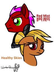 Size: 768x1024 | Tagged: safe, artist:windy breeze, oc, oc:healthy skies, oc:red mist, pegasus, pony, fallout equestria, fallout equestria: sweet child of mine, armor, brown coat, bust, duo, enclave, enclave armor, explicit source, fanfic art, female, floppy ears, grand pegasus enclave, green eyes, male, mare, power armor, red coat, red eyes, simple background, stallion, white background, wingless, yellow mane