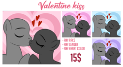 Size: 1200x654 | Tagged: safe, artist:jennieoo, oc, pony, advertisement, commission, couple, example, eyes closed, female, gay, holding hooves, holiday, kiss on the lips, kissing, lesbian, lovers, male, simple background, straight, valentine, valentine's day, vector, ych sketch, your character here
