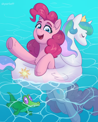 Size: 1465x1809 | Tagged: safe, artist:skysorbett, gummy, pinkie pie, alligator, earth pony, pony, g4, cute, diapinkes, female, floaty, happy, inflatable toy, inner tube, looking at you, male, mare, open mouth, open smile, pool toy, smiling, swanlestia, swimming, underhoof, water