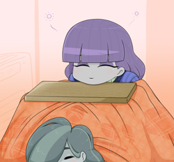 Size: 1799x1668 | Tagged: safe, alternate version, artist:batipin, marble pie, maud pie, human, equestria girls, g4, duo, equestria girls-ified, eyes closed, eyeshadow, female, kotatsu, makeup, siblings, sisters, smiling, when she smiles