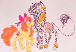 Size: 2048x1394 | Tagged: safe, artist:crystal_fart, apple bloom, zecora, earth pony, pony, zebra, g4, alternate cutie mark, alternate hairstyle, bag, februpony, female, filly, foal, mare, saddle bag, traditional art