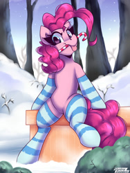 Size: 1500x2000 | Tagged: safe, artist:shadowreindeer, pinkie pie, earth pony, pony, g4, candy, candy cane, clothes, food, mouth hold, remake, snow, socks, solo, striped socks, tongue out, tree, winter