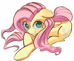 Size: 2480x2038 | Tagged: safe, artist:solid shrimp, fluttershy, pegasus, pony, g4, cute, female, floppy ears, folded wings, high res, looking at you, looking up, looking up at you, lying down, mare, no pupils, simple background, smiling, smiling at you, solo, stray strand, three quarter view, white background, wings