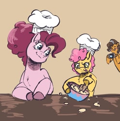 Size: 1493x1505 | Tagged: safe, artist:mayugraffiti, cheese sandwich, li'l cheese, pinkie pie, earth pony, pony, g4, blushing, bowl, camera, chef's hat, cute, eyelashes, father and child, father and son, female, food, hat, hoof hold, male, mother and child, mother and son, no eyelashes, ship:cheesepie, shipping, simple background, smiling, straight, tongue out, trap, trio, unshorn fetlocks, yellow background