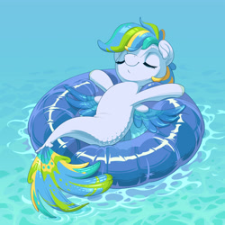 Size: 3000x3000 | Tagged: safe, artist:gor1ck, oc, oc only, oc:siriusnavigator, oc:siriusnavigator(alicorn), seapony (g4), belly, chillaxing, commission, digital art, dorsal fin, eyes closed, female, high res, inflatable, inner tube, mare, pool toy, scales, seaponified, smiling, solo, species swap, spread wings, tail, water, wings, ych result