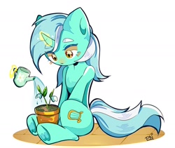 Size: 1668x1408 | Tagged: safe, artist:pledus, lyra heartstrings, pony, unicorn, g4, eyebrows, eyebrows visible through hair, flower, flower pot, levitation, looking down, magic, potted plant, simple background, sitting, solo, telekinesis, underhoof, watering, watering can, white background