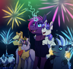 Size: 1280x1214 | Tagged: safe, artist:inuhoshi-to-darkpen, applejack, grubber, tempest shadow, twilight sparkle, oc, oc:morning glory, alicorn, earth pony, hedgehog, pony, storm creature, unicorn, g4, my little pony: the movie, abstract background, applejack's hat, bandana, broken horn, cowboy hat, crown, female, filly, fireworks, foal, hat, horn, jewelry, lesbian, magic, magical lesbian spawn, mare, offspring, parent:applejack, parent:twilight sparkle, parents:twijack, regalia, ship:twijack, shipping, sparkler (firework), storm guard, twilight sparkle (alicorn)