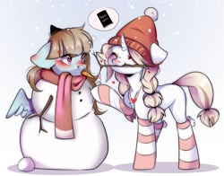 Size: 2350x1840 | Tagged: safe, artist:pledus, oc, oc only, pegasus, pony, unicorn, angry, blushing, carrot, clothes, commission, cross-popping veins, death note, duo, female, floppy ears, food, happy, horn, mouth hold, pegasus oc, runny nose, scarf, snow, snowfall, snowman, snowmare, socks, spread wings, striped socks, thought bubble, unamused, unicorn oc, wings, ych result