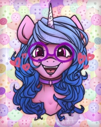 Size: 1800x2250 | Tagged: safe, alternate version, artist:shylunaart, izzy moonbow, pony, unicorn, g5, collar, female, glasses, heart, smiling, solo
