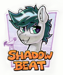 Size: 1324x1552 | Tagged: safe, artist:dandy, oc, oc only, oc:shadow beat, earth pony, pony, badge, bust, con badge, copic, ear fluff, earth pony oc, looking at you, male, martini glass, portrait, solo, text, traditional art