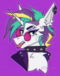 Size: 1550x1950 | Tagged: safe, artist:shylunaart, rarity, pony, unicorn, g4, alternate hairstyle, choker, clothes, collar, female, glasses, piercing, punk, raripunk, spiked choker, tongue out