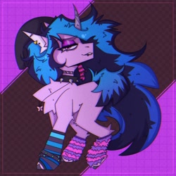 Size: 2300x2300 | Tagged: safe, artist:shylunaart, izzy moonbow, pony, unicorn, g5, chest fluff, clothes, female, goth, goth izzy, high res, smiling, smirk, socks, solo