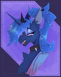 Size: 2100x2625 | Tagged: safe, artist:shylunaart, princess luna, alicorn, pony, g4, alternate hairstyle, chest fluff, choker, chokerluna, collar, eyeshadow, female, high res, lidded eyes, makeup, open mouth, open smile, piercing, ponytail, smiling, smirk, solo, spiked choker