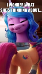 Size: 500x866 | Tagged: safe, edit, edited screencap, screencap, izzy moonbow, sunny starscout, earth pony, pony, g5, my little pony: a new generation, butt, caption, female, izzyscout, lesbian, mare, meme, plot, shipping, sunny starbutt, text