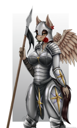 Size: 1080x1800 | Tagged: safe, artist:shamziwhite, oc, oc only, oc:dunnie blust, pegasus, anthro, armor, blushing, breasts, female, flower, guardsmare, looking at you, mare, rose, royal guard, solo, standing, weapon, wings
