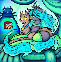 Size: 7566x7684 | Tagged: safe, artist:facadeart, queen chrysalis, oc, oc:fire hearth, oc:trex vyrax, changeling, bed, bedroom, bedroom eyes, changeling oc, choker, clothes, colored, colored background, green eyes, horn, medal, socks, stockings, tail, tail wrap, thigh highs, video camera, yellow changeling