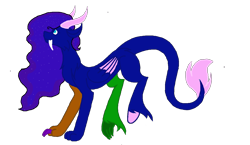 Size: 1354x787 | Tagged: safe, artist:princessmoonlight, oc, oc only, draconequus, blue coat, blue eyes, claws, dragon tail, ethereal mane, folded wings, horns, looking up, paws, pegasus wings, simple background, smiling, solo, starry mane, tail, tooth, transparent background, wings, wings down