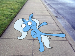 Size: 800x600 | Tagged: safe, artist:junomercury, trixie, pony, unicorn, g4, abuse, beaten up, grass, inconvenient trixie, irl, missing cutie mark, on floor, photo, ponies in real life, real life background, road, sidewalk, solo, splat, trixiebuse, wide eyes