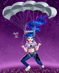 Size: 2005x2480 | Tagged: safe, artist:arsbin, princess luna, human, g4, belly button, breasts, clothes, commission, cutie mark on clothes, female, humanized, looking at you, midriff, night, parachute, pink floyd, sky, skydiving, solo, the dark side of the moon