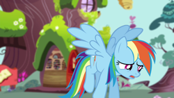 Size: 1280x720 | Tagged: safe, screencap, rainbow dash, pegasus, pony, g4, testing testing 1-2-3, blurry background, golden oaks library, solo