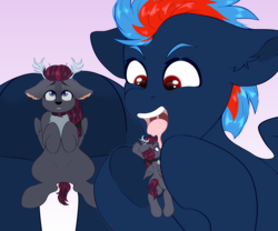 Size: 3000x2500 | Tagged: safe, artist:etoz, oc, oc:black the dragon, oc:fevson faraday, deer, pegasus, pony, belly, deer oc, drool, high res, holding a pony, imminent vore, licking, macro/micro, micro, open mouth, size difference, tasting, tongue out