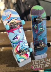 Size: 1414x2000 | Tagged: safe, artist:techycutie, queen chrysalis, rainbow dash, changeling, changeling queen, pegasus, pony, g4, fingerboard, grin, irl, lightning, merchandise, photo, skateboard, smiling, tech deck, watermark