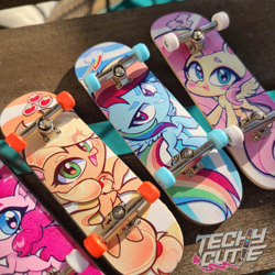 Size: 2138x2138 | Tagged: safe, artist:techycutie, applejack, fluttershy, pinkie pie, rainbow dash, earth pony, pegasus, pony, g4, fingerboard, grin, high res, irl, lightning, merchandise, photo, skateboard, smiling, tech deck, watermark