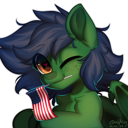 Size: 3864x3864 | Tagged: safe, alternate version, artist:gicme, oc, oc only, oc:comet jester, original species, pony, shark, shark pony, american flag, bust, heart, heart eyes, high res, looking at you, male, mouth hold, one eye closed, portrait, simple background, stallion, transparent background, wingding eyes, wink, winking at you
