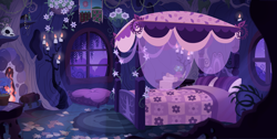 Size: 6186x3106 | Tagged: safe, artist:shadowwolf, timber wolf, absurd resolution, background, bed, candle, fireplace, flower, indoors, jewelry, leaves, night, pillow, plant, plants, room, scroll, skull, stars, tree, wallpaper, window