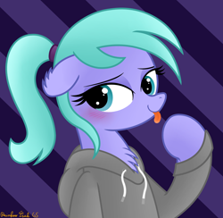 Size: 3016x2942 | Tagged: safe, artist:rainbowšpekgs, icy rain, pegasus, pony, g4, :p, bedroom eyes, blushing, bust, chest fluff, clothes, cute, female, high res, hoodie, mare, ponytail, tongue out