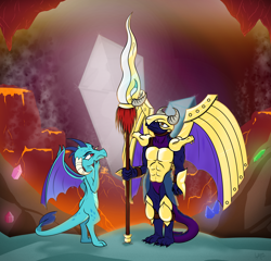 Size: 4800x4600 | Tagged: safe, artist:underwoodart, princess ember, dragon, original species, g4, armor, artificial wings, augmented, cave, cavern, dragon lands, dragon lord ember, gem, gem cave, gemstones, golden armor, lava, mechanical wing, spear, weapon, wings