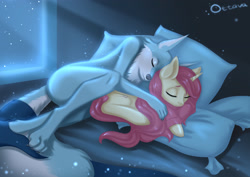 Size: 3508x2480 | Tagged: safe, artist:ottava, oc, oc:ottava, pony, wolf, anthro, anthro with ponies, bed, crossover, cuddling, cuddling in bed, high res, in bed, night, nudity, porsha crystal, sing 2, sleeping, spooning