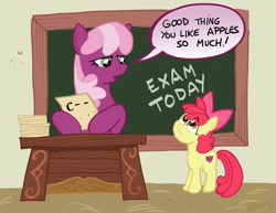 Size: 1280x989 | Tagged: safe, artist:henbe, apple bloom, cheerilee, earth pony, pony, g4, apple, apple bloom's bow, bow, chalkboard, classroom, desk, dialogue, exam, female, filly, foal, hair bow, mare, speech bubble, that pony sure does love apples